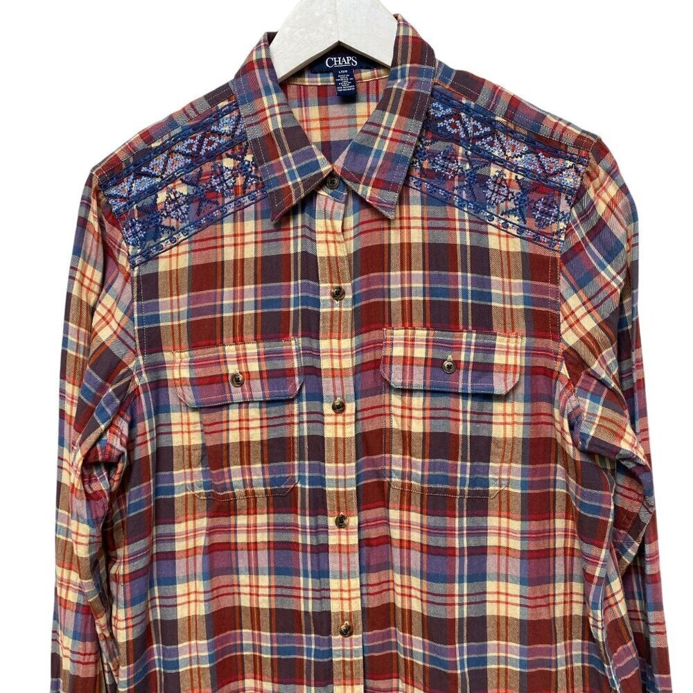 CHAPS Flannel Shirt Large Red Blue Plaid Cotton Embroidered Casual Western Top